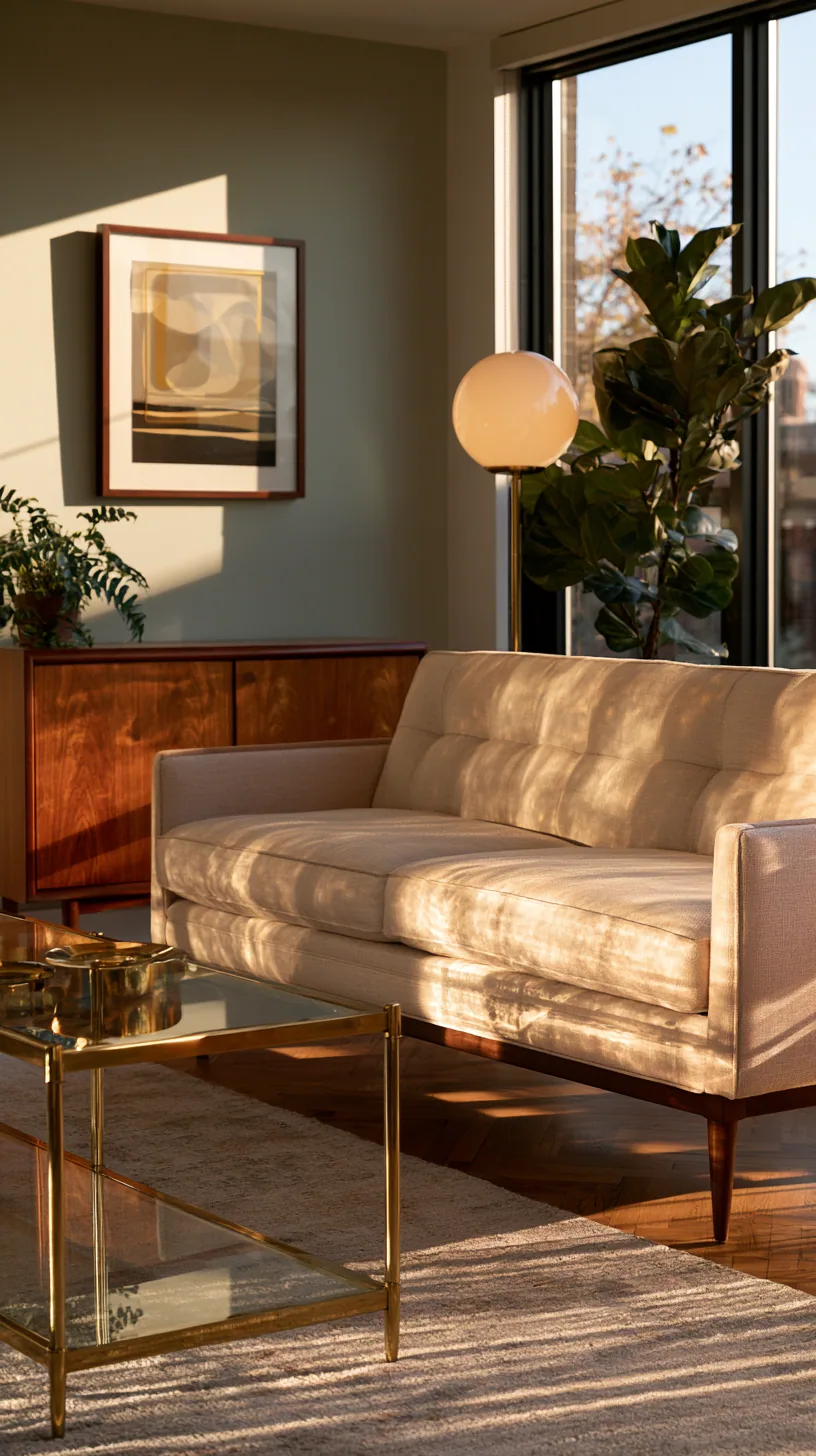 mid-century modern living room with a beige couch and warm wood, photo 2 of 4