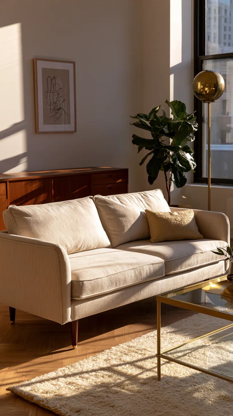 mid-century modern living room with a beige couch and warm wood, photo 3 of 4