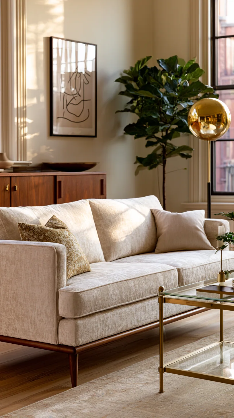 mid-century modern living room with a beige couch and warm wood, photo 4 of 4