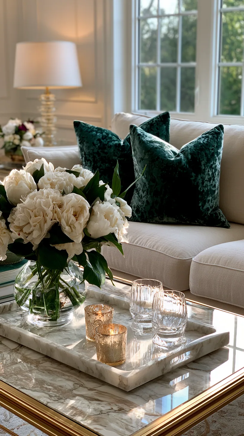beige couch with jewel-tone emerald and sapphire cushions, photo 1 of 4