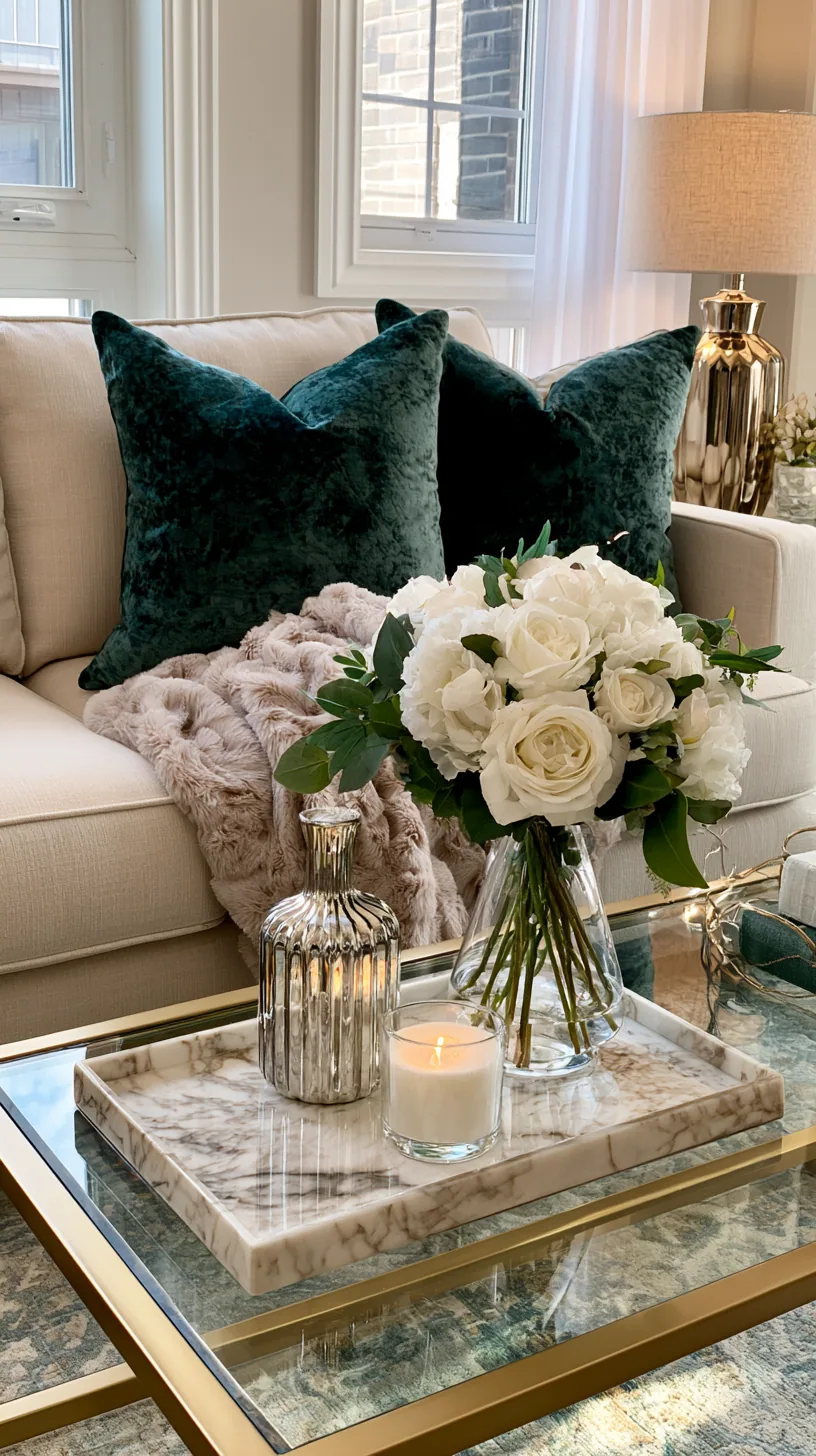 beige couch with jewel-tone emerald and sapphire cushions, photo 2 of 4