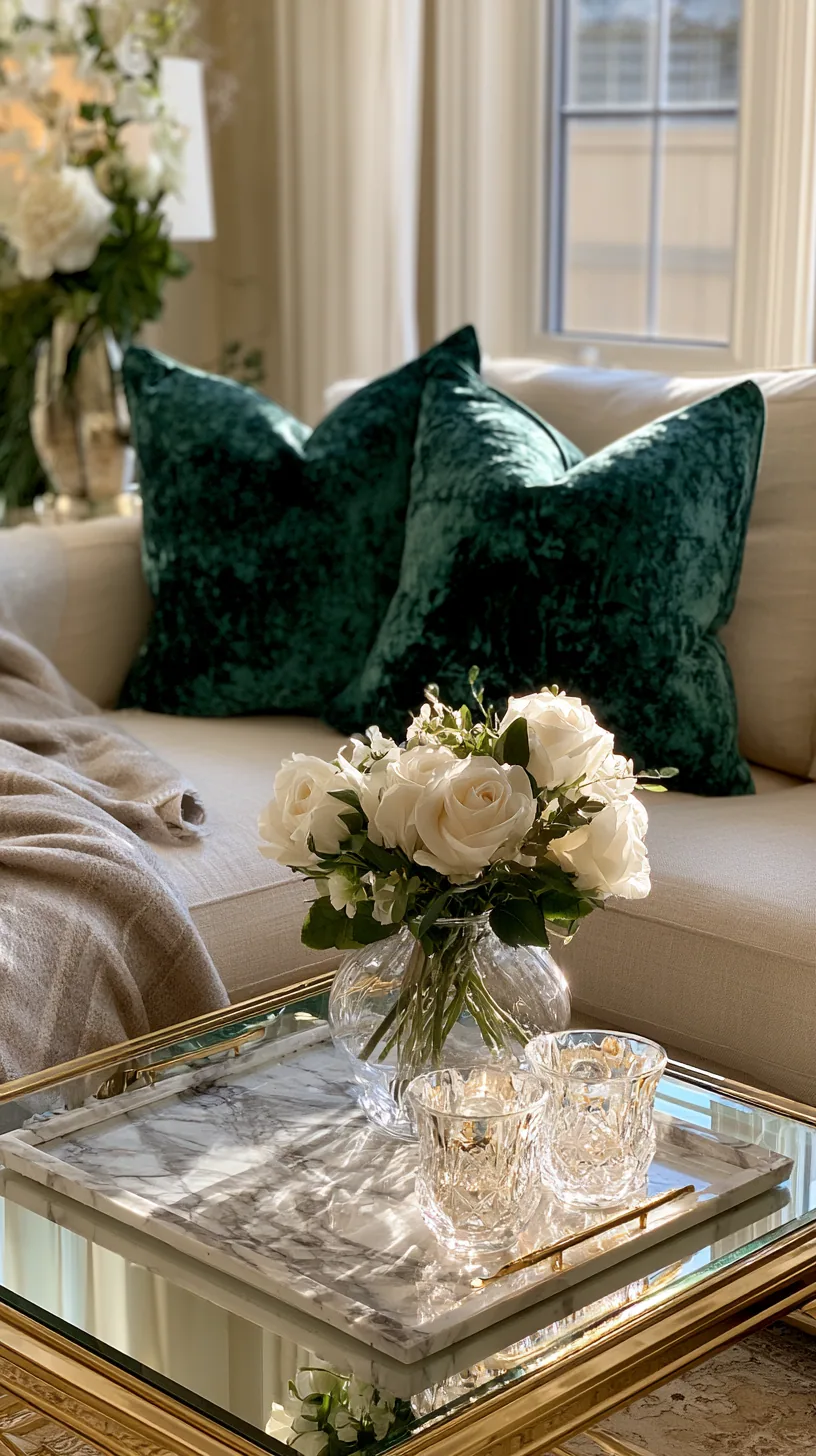 beige couch with jewel-tone emerald and sapphire cushions, photo 4 of 4