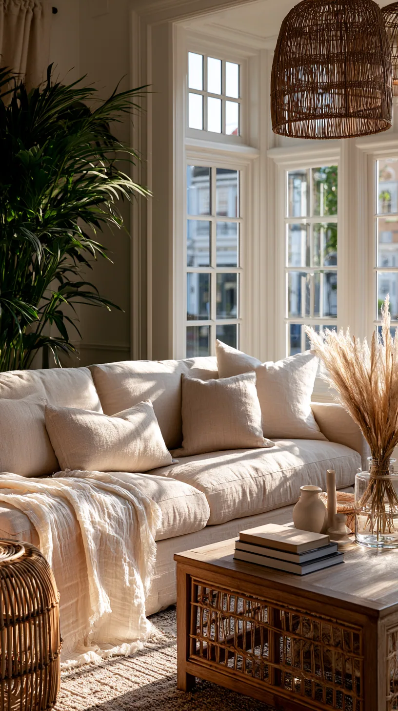serene Japandi living room with a low beige couch and natural materials, photo 1 of 4