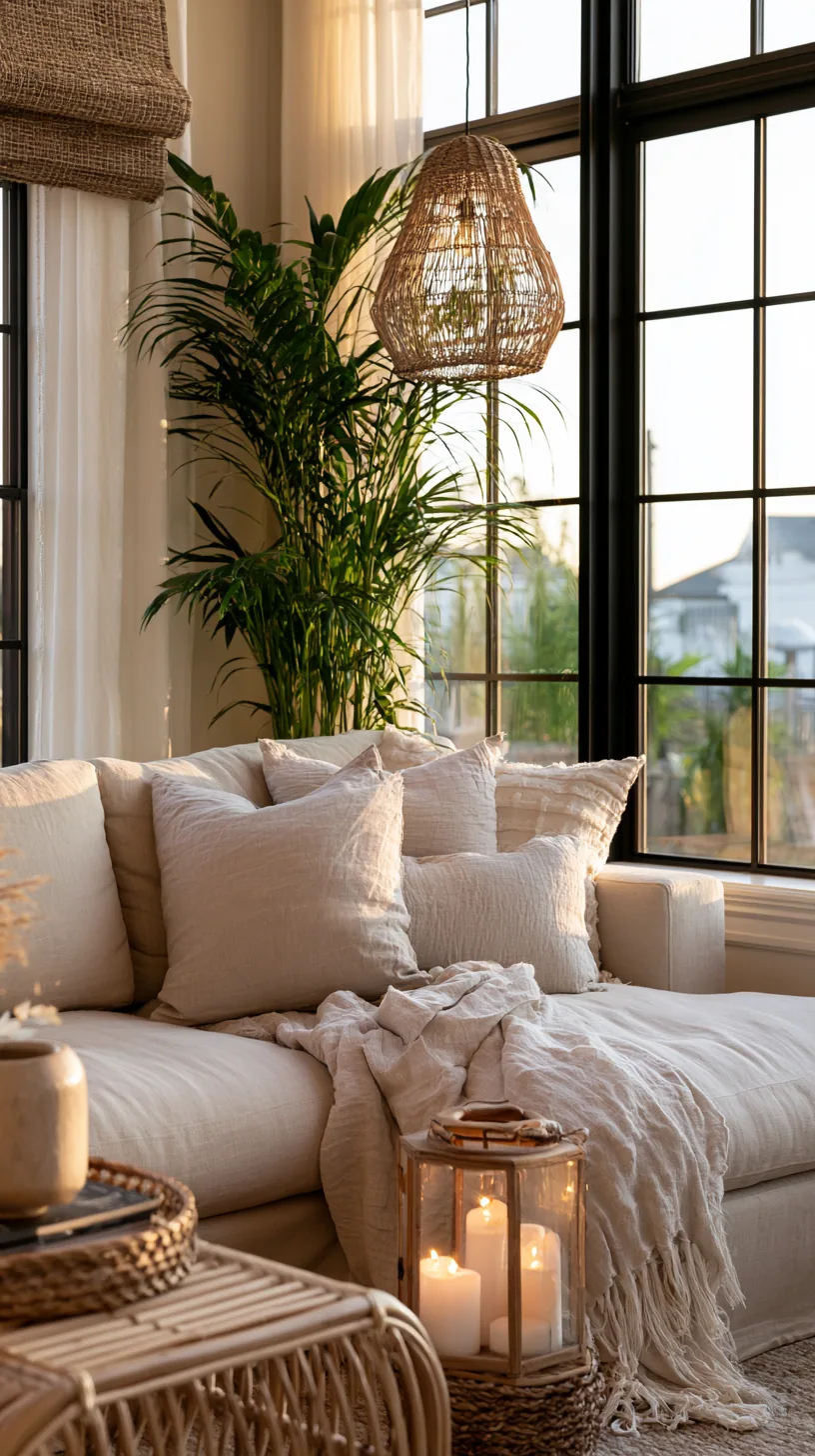 serene Japandi living room with a low beige couch and natural materials, photo 2 of 4