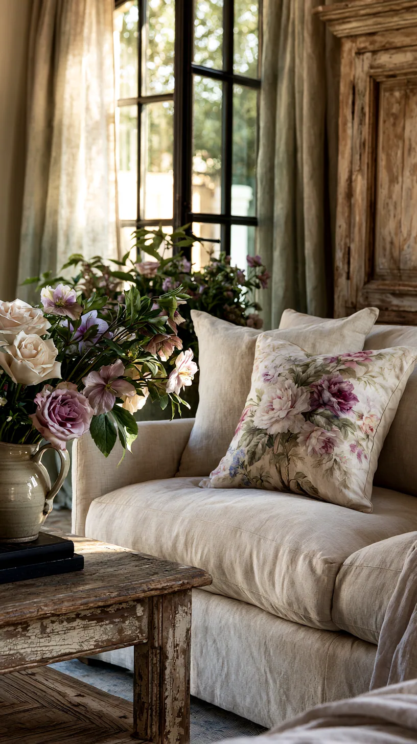 French country living room with a beige sofa, soft florals and aged wood, photo 1 of 4