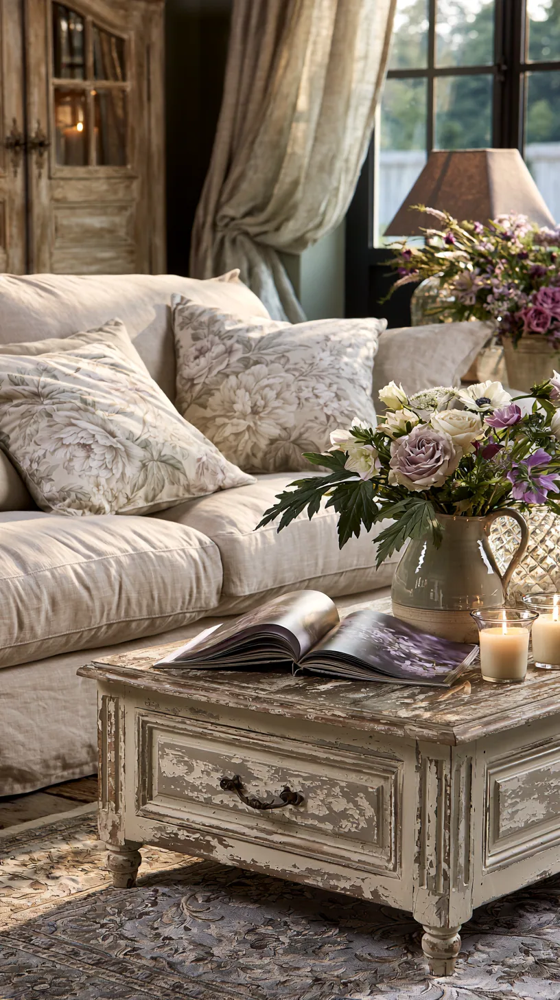 French country living room with a beige sofa, soft florals and aged wood, photo 2 of 4