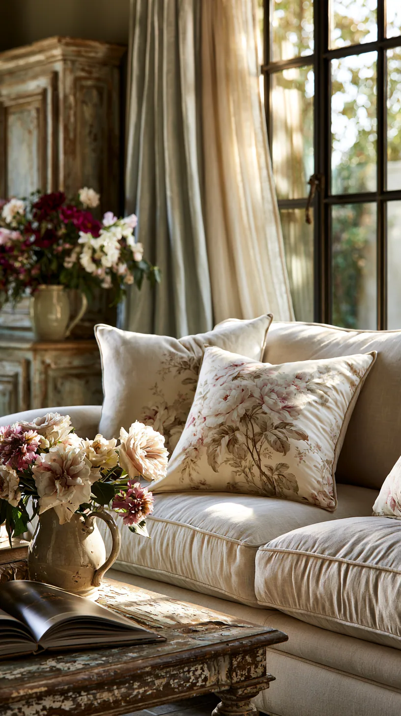 French country living room with a beige sofa, soft florals and aged wood, photo 3 of 4
