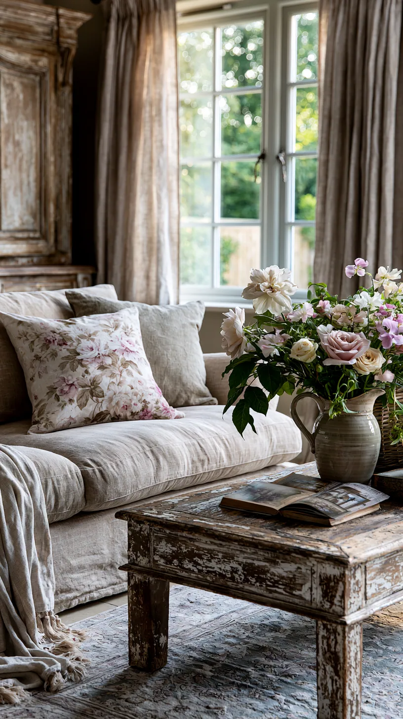 French country living room with a beige sofa, soft florals and aged wood, photo 4 of 4