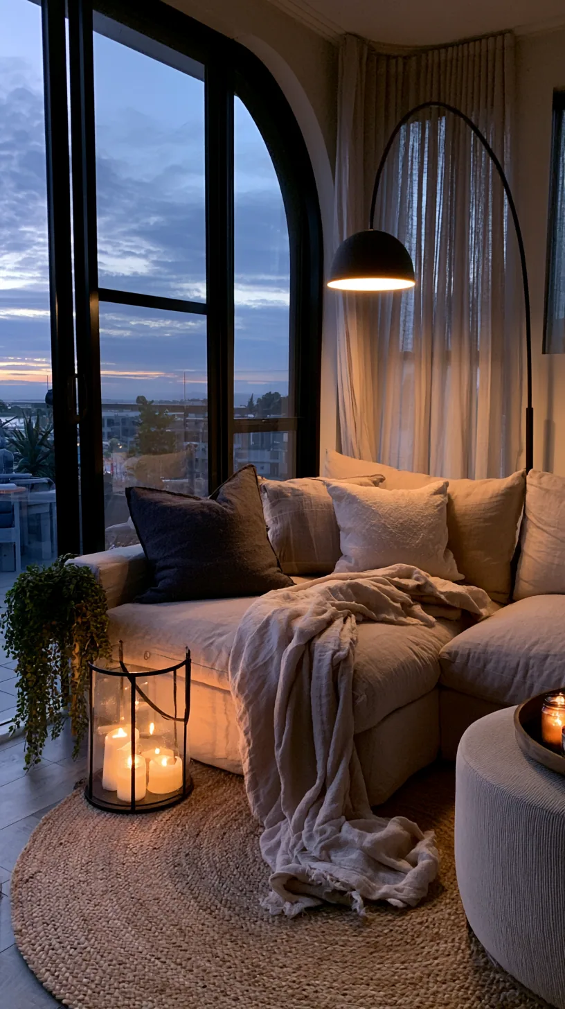 beige couch set against a dark, moody wall with warm lamplight, photo 1 of 4