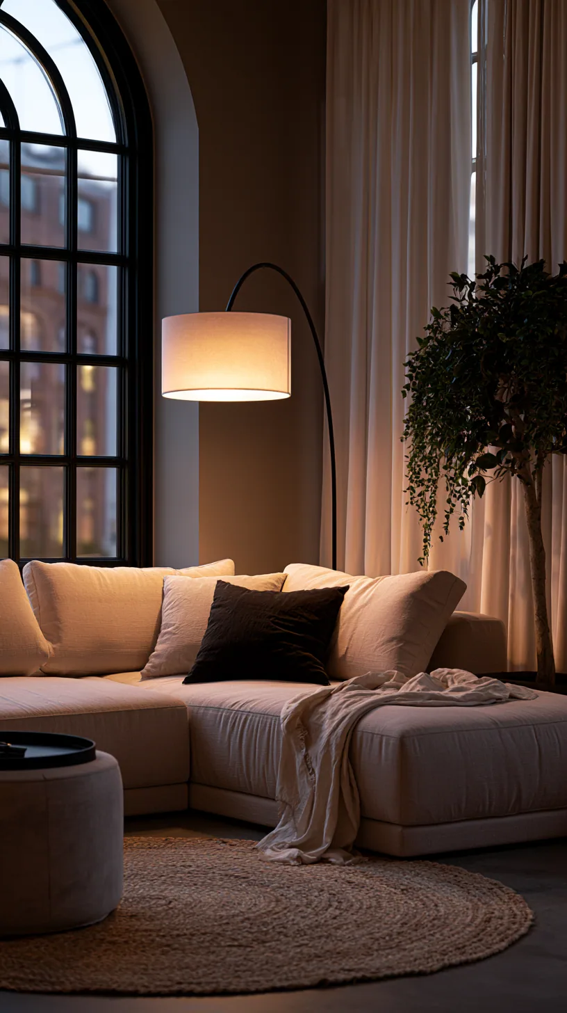 beige couch set against a dark, moody wall with warm lamplight, photo 2 of 4