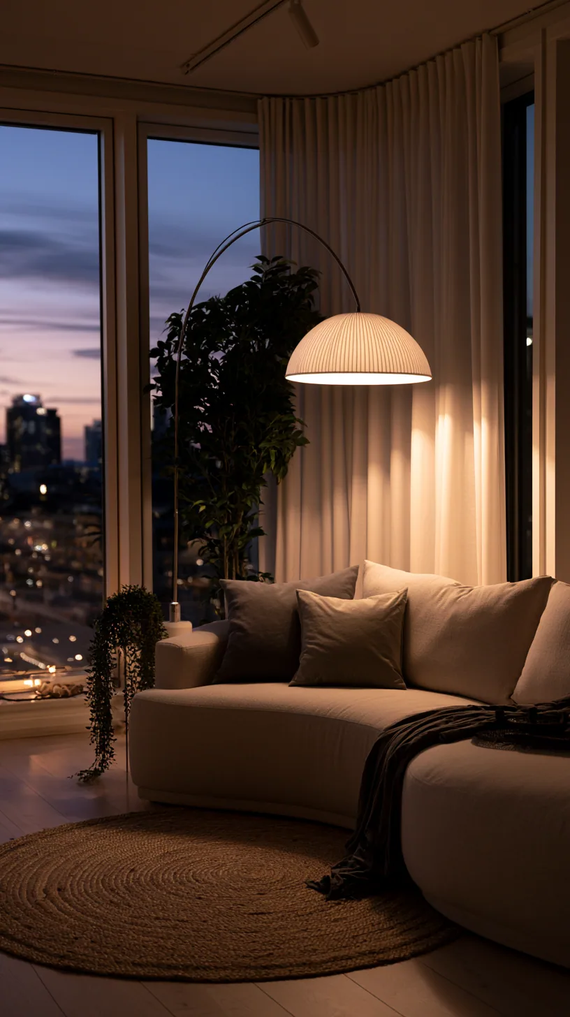 beige couch set against a dark, moody wall with warm lamplight, photo 3 of 4