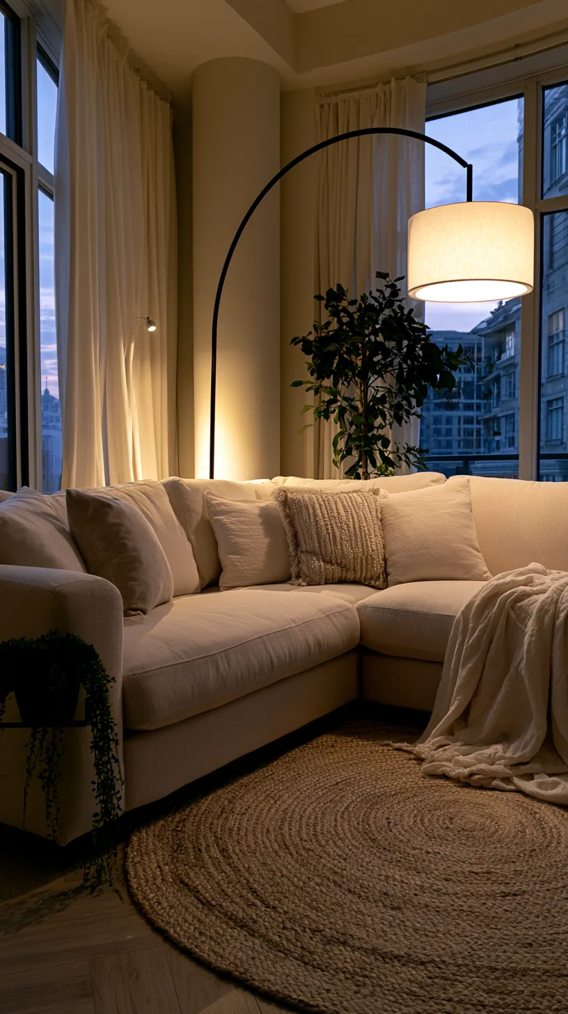 beige couch set against a dark, moody wall with warm lamplight, photo 4 of 4