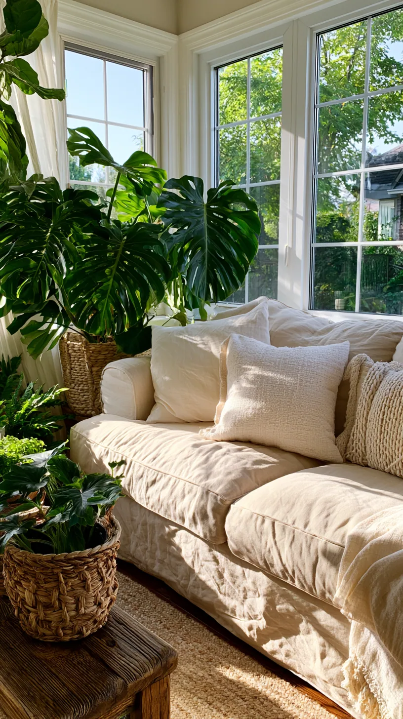 beige couch living room filled with plants and greenery, photo 1 of 4