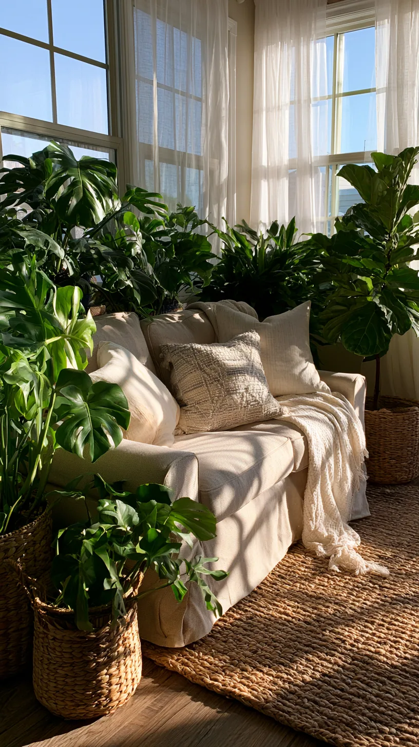 beige couch living room filled with plants and greenery, photo 2 of 4
