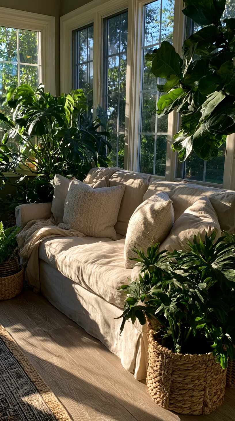 beige couch living room filled with plants and greenery, photo 3 of 4
