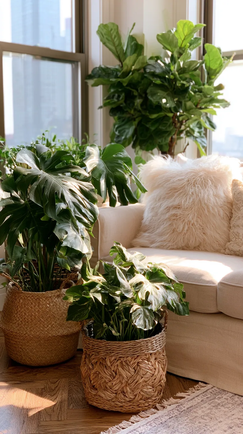beige couch living room filled with plants and greenery, photo 4 of 4