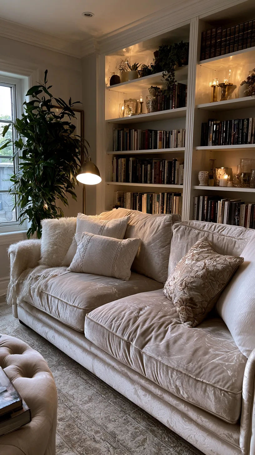 beige couch living room with vintage aged wood and brass accents, photo 1 of 4