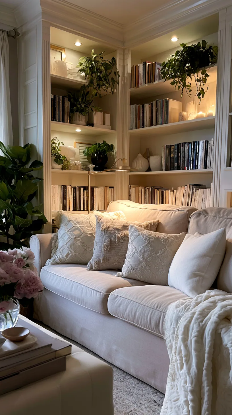 beige couch living room with vintage aged wood and brass accents, photo 2 of 4