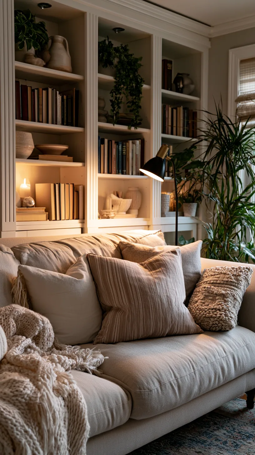 beige couch living room with vintage aged wood and brass accents, photo 3 of 4