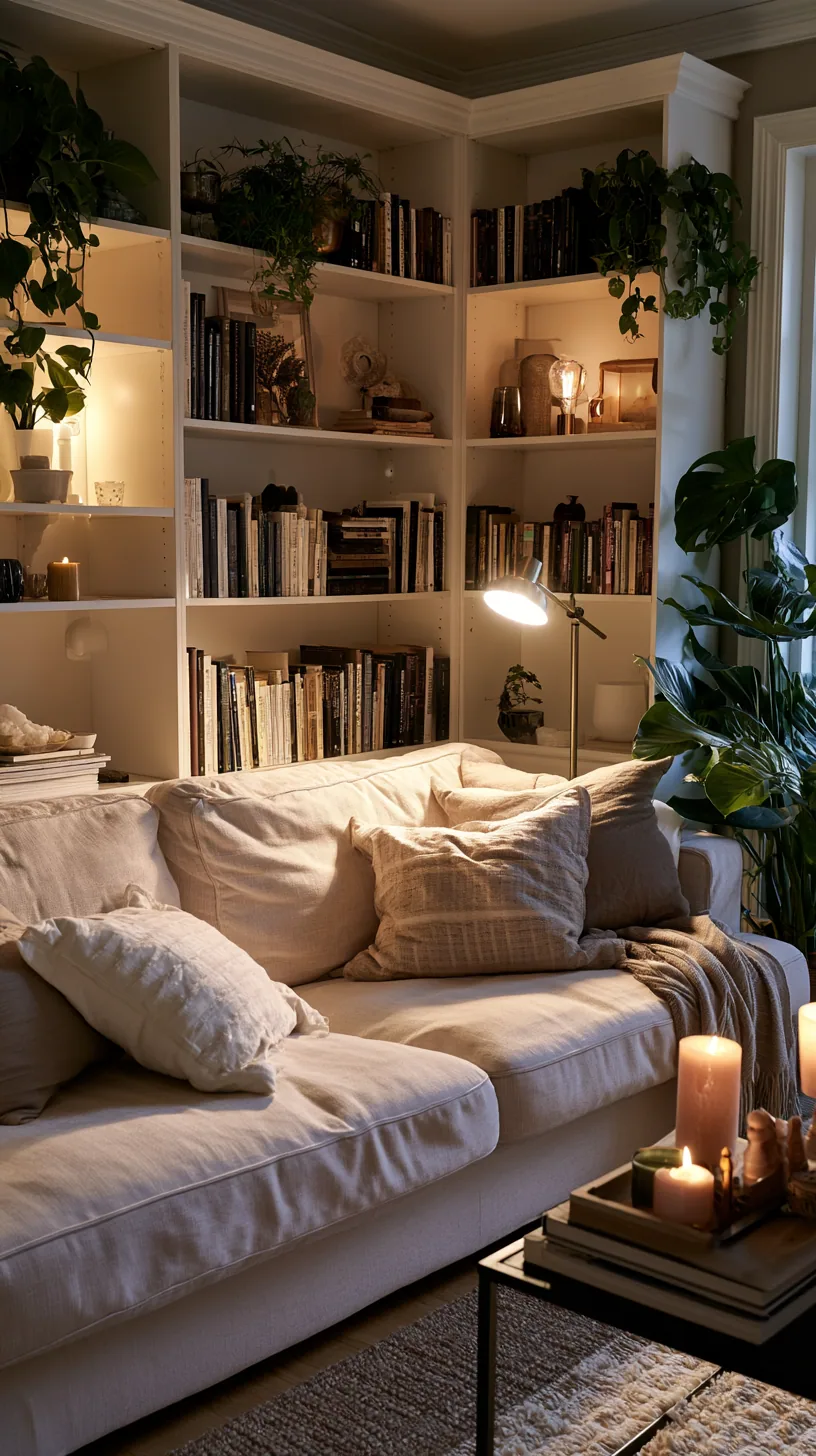 beige couch living room with vintage aged wood and brass accents, photo 4 of 4