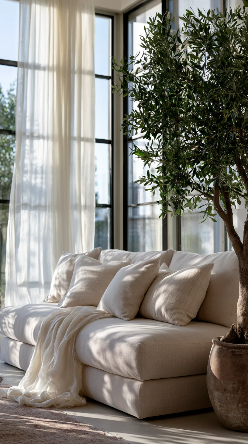 bright airy feminine living room with a beige couch and blush tones, photo 1 of 4