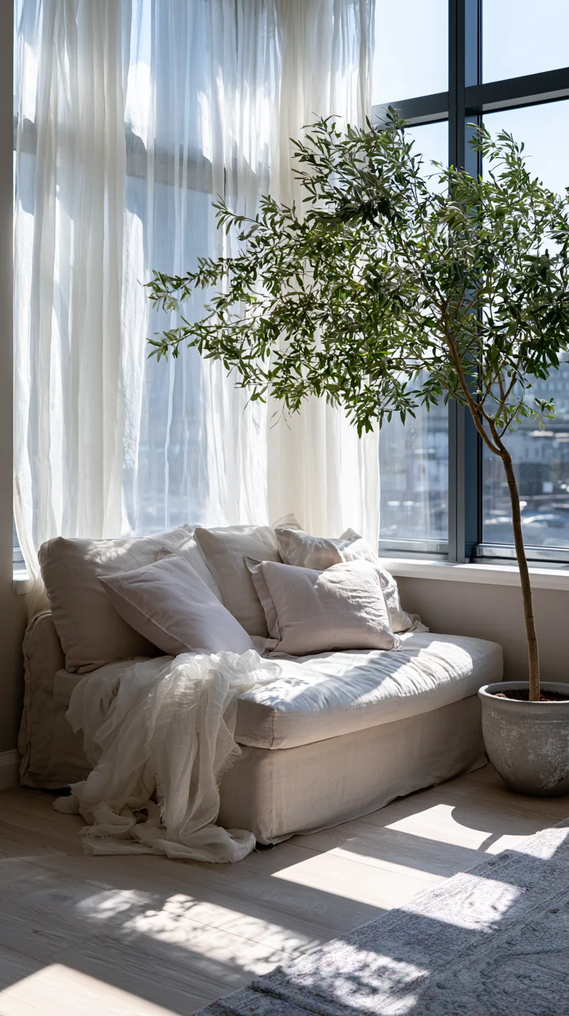bright airy feminine living room with a beige couch and blush tones, photo 2 of 4