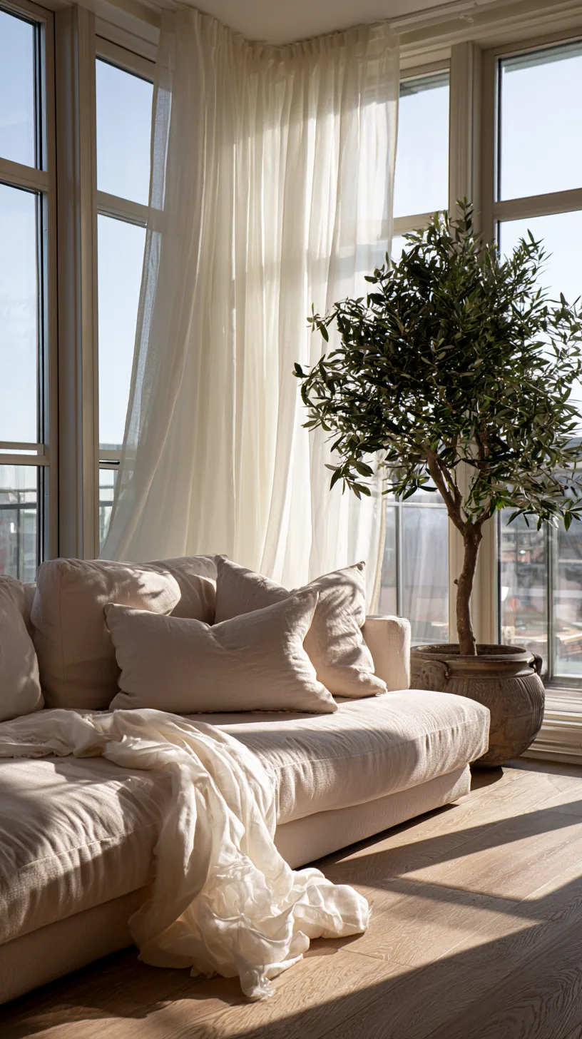 bright airy feminine living room with a beige couch and blush tones, photo 3 of 4