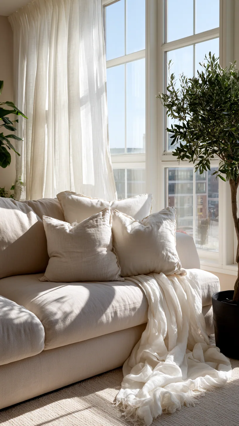 bright airy feminine living room with a beige couch and blush tones, photo 4 of 4