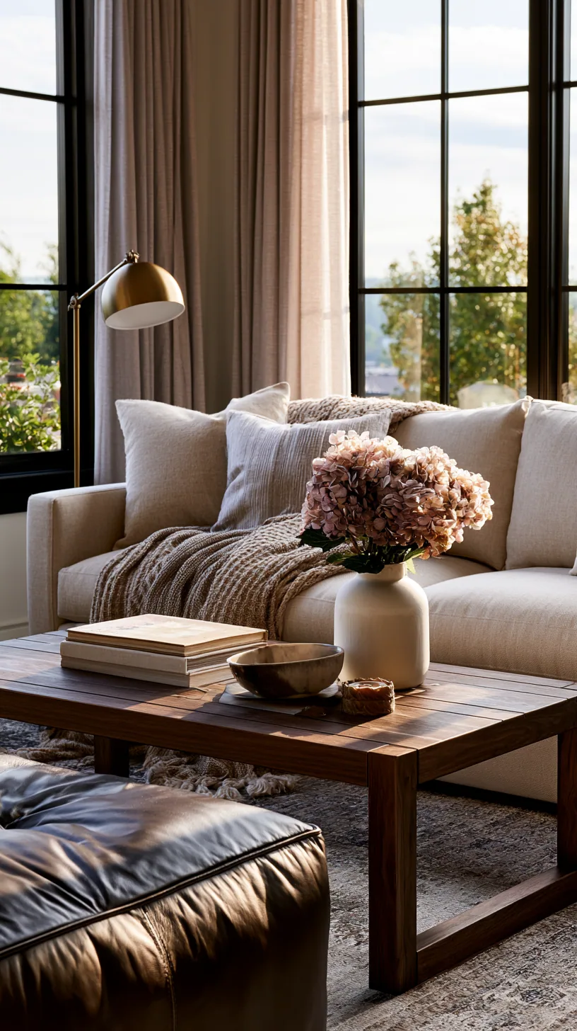 modern masculine living room with a beige couch, dark wood and leather, photo 1 of 4