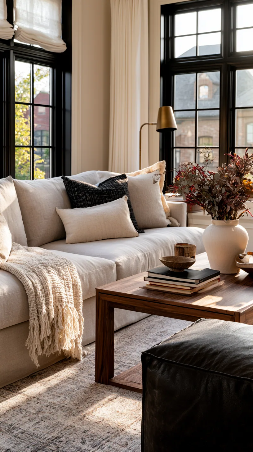 modern masculine living room with a beige couch, dark wood and leather, photo 2 of 4