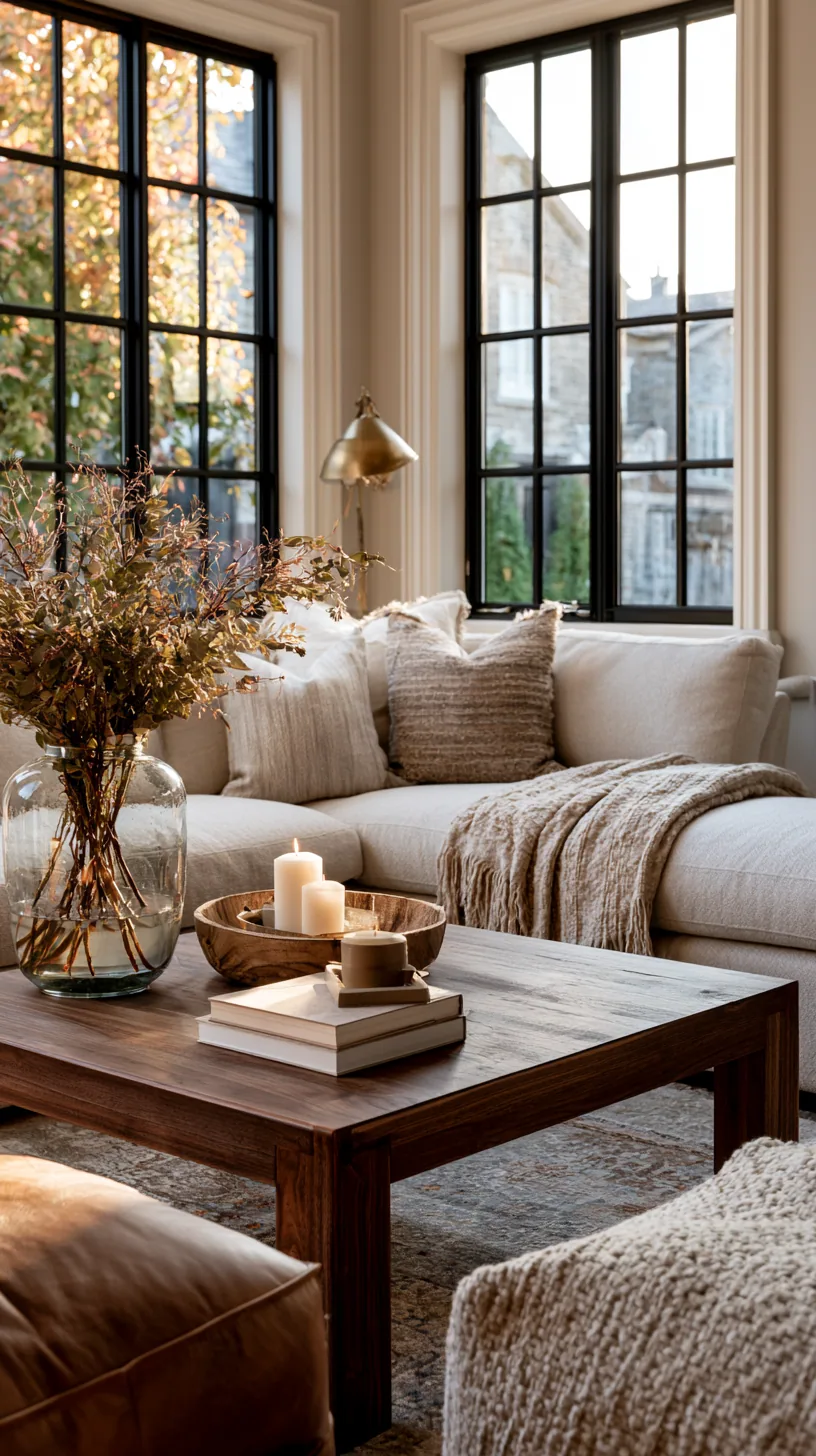 modern masculine living room with a beige couch, dark wood and leather, photo 3 of 4