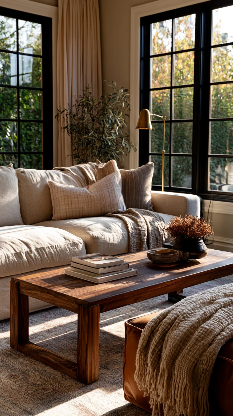 modern masculine living room with a beige couch, dark wood and leather, photo 4 of 4