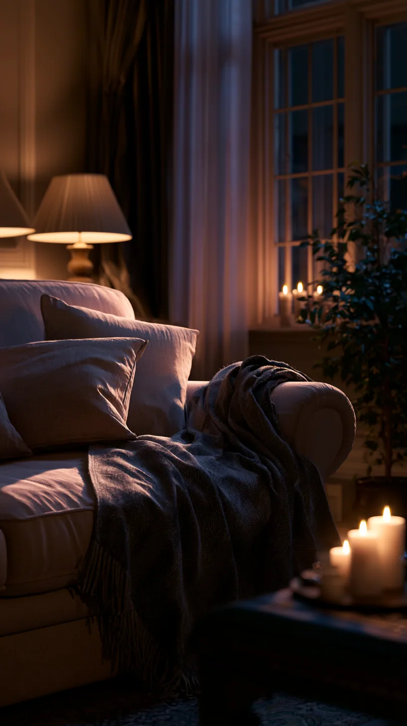 beige couch living room with layered ambient evening lighting, photo 1 of 3