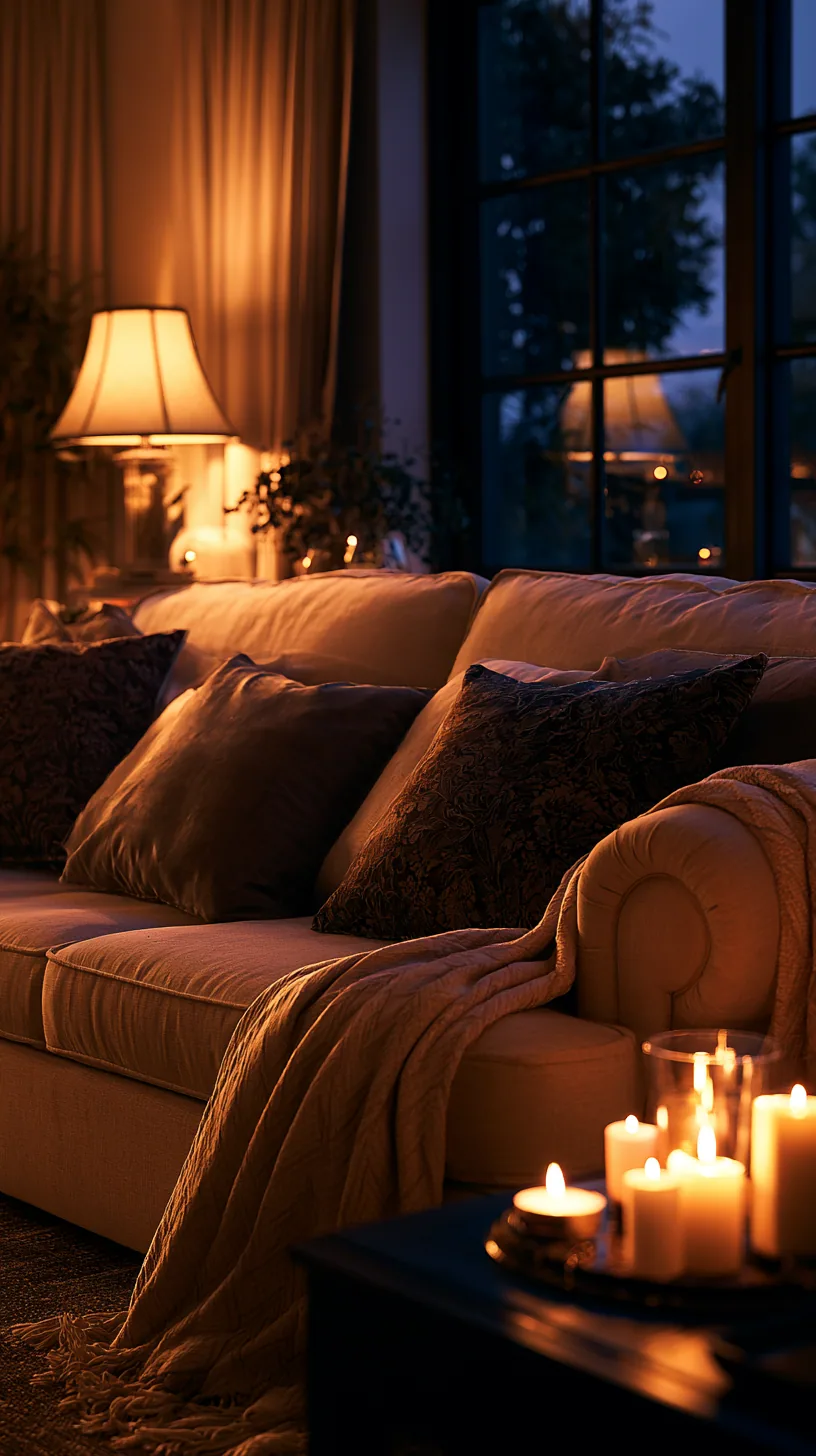 beige couch living room with layered ambient evening lighting, photo 2 of 3