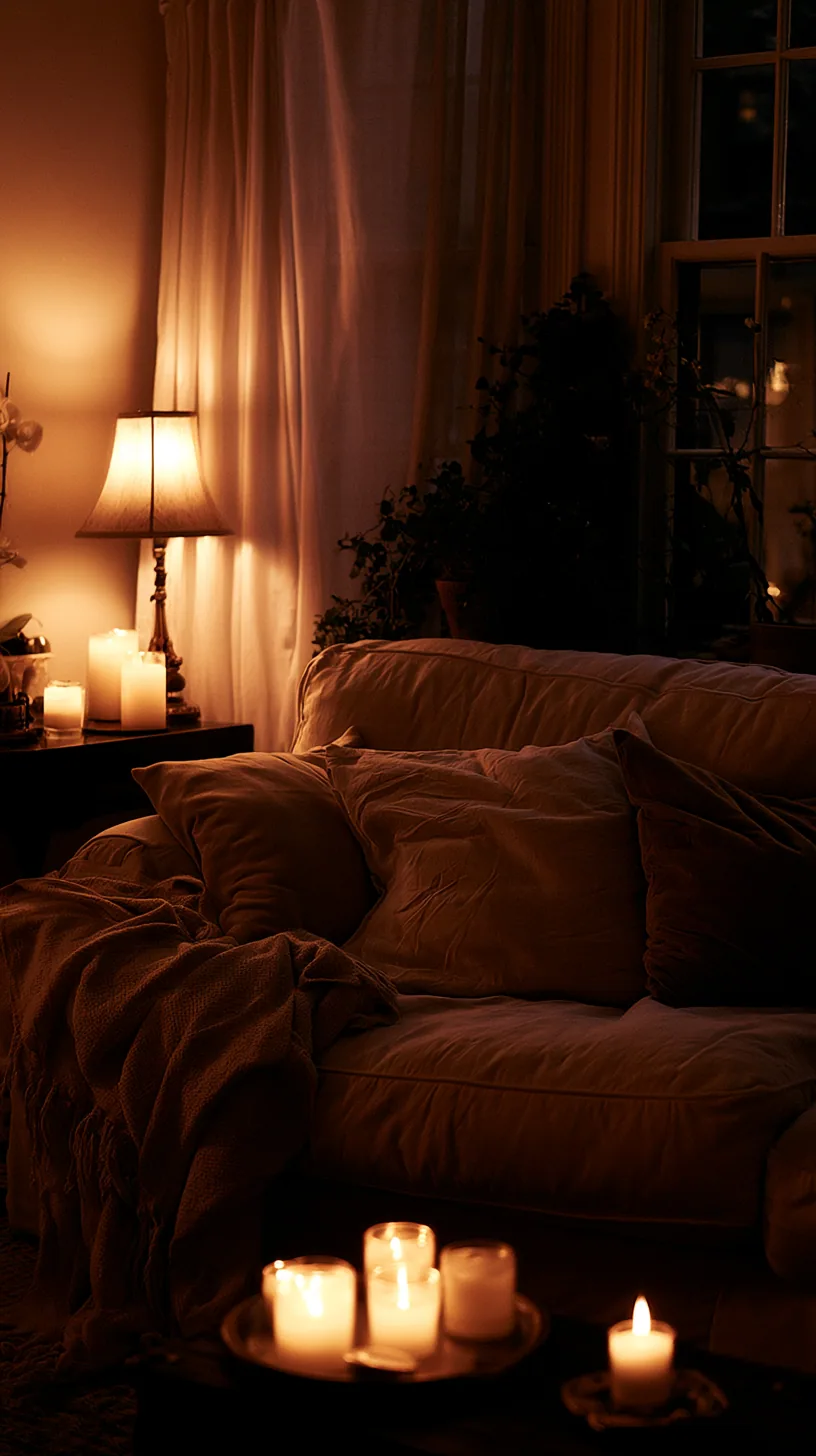 beige couch living room with layered ambient evening lighting, photo 3 of 3