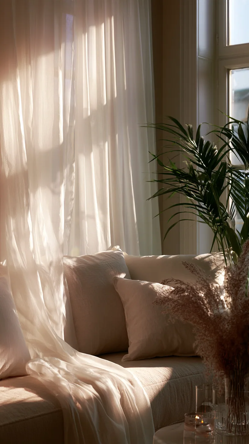 beige couch framed by soft floor-length curtains, photo 1 of 3