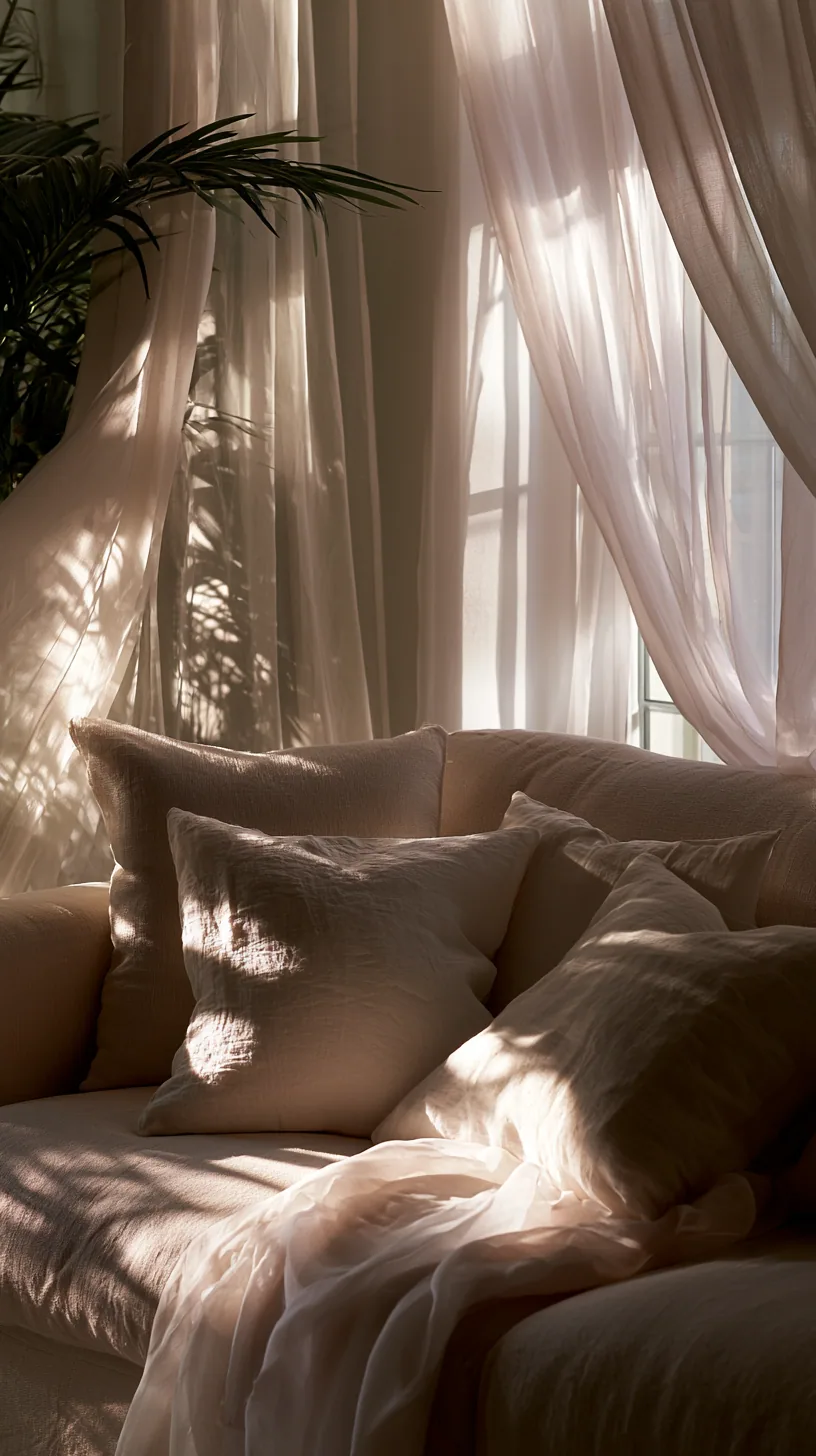 beige couch framed by soft floor-length curtains, photo 2 of 3