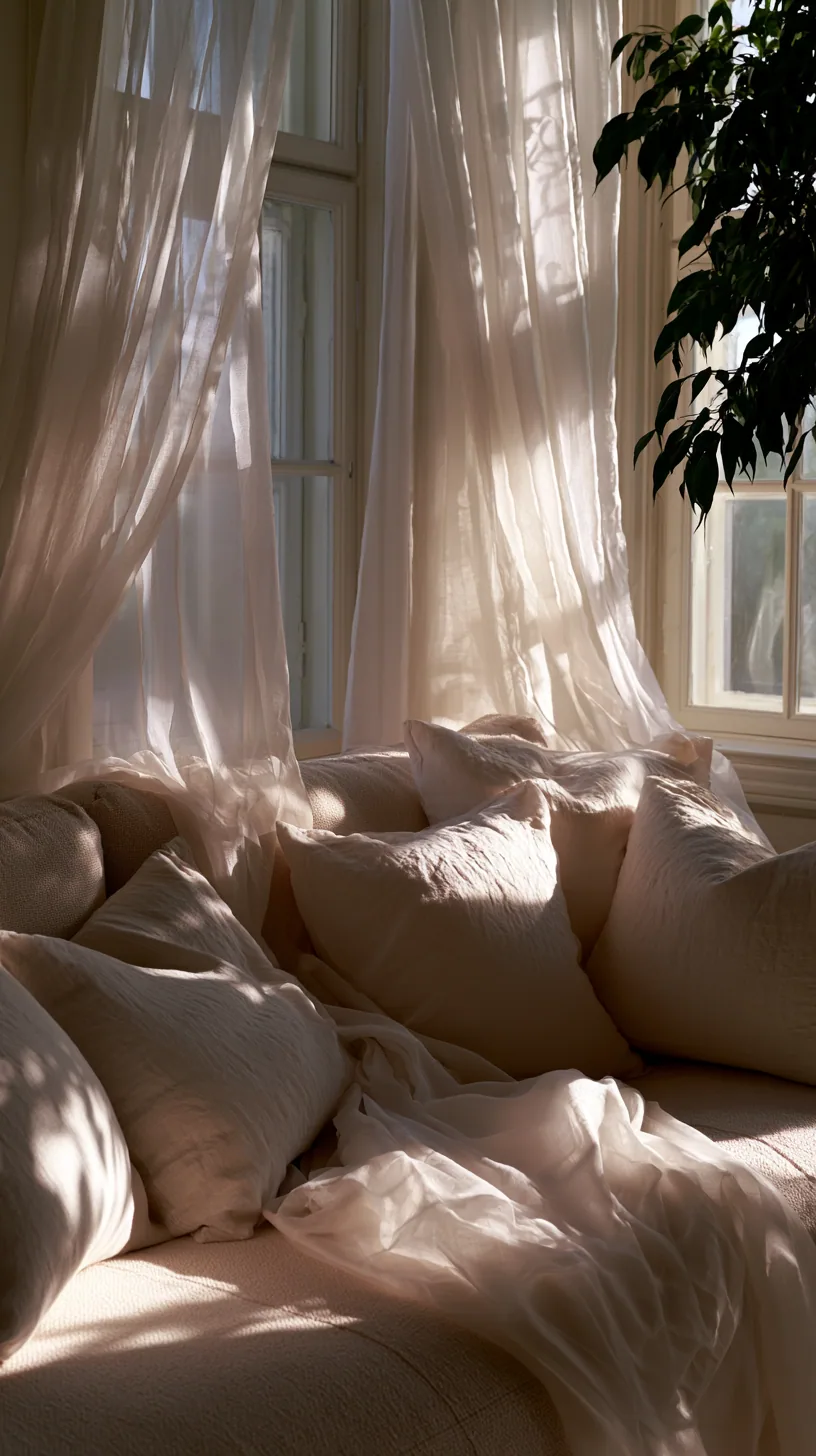 beige couch framed by soft floor-length curtains, photo 3 of 3