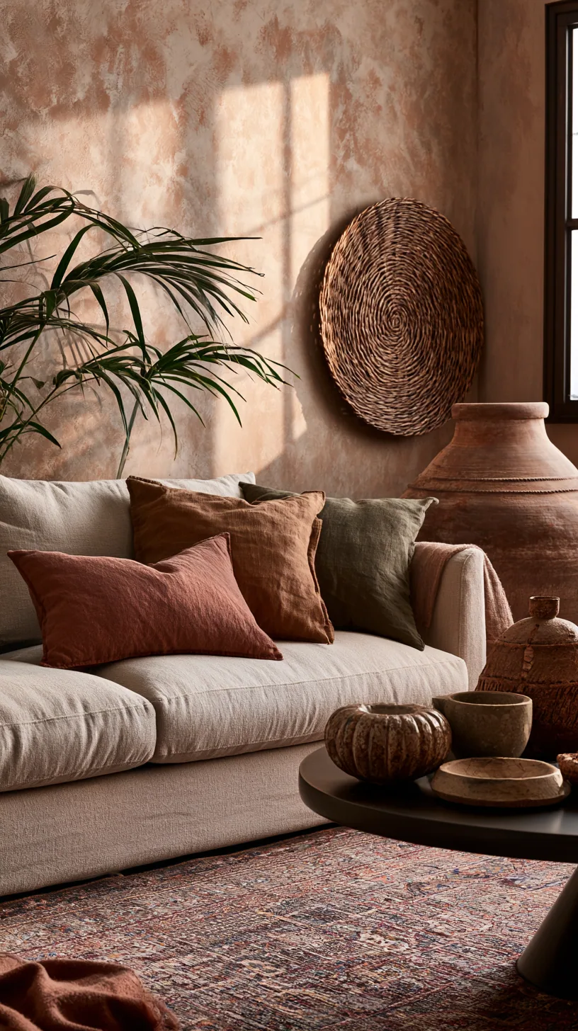 Southwestern-inspired beige couch living room with terracotta and woven textures, photo 1 of 4
