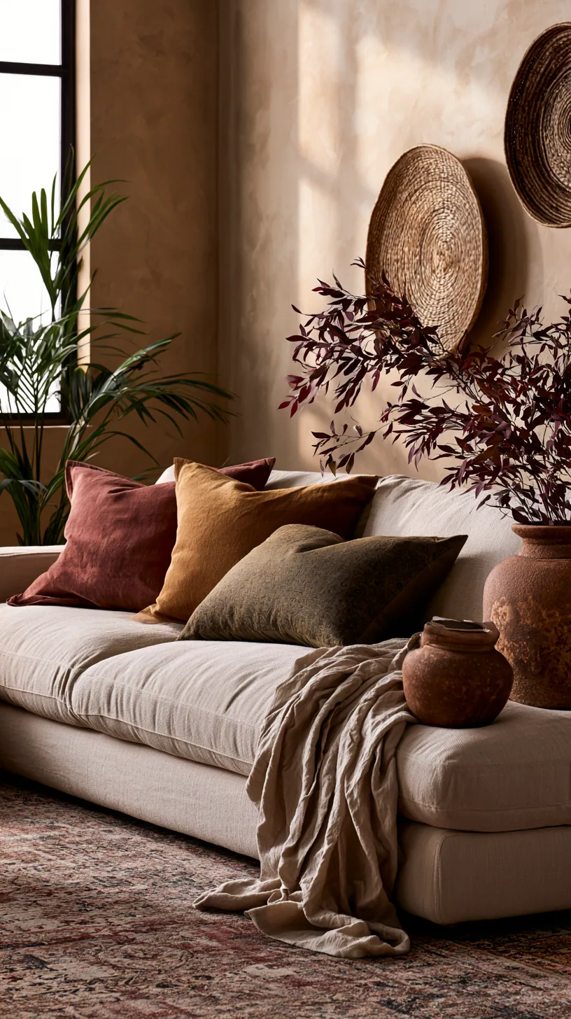 Southwestern-inspired beige couch living room with terracotta and woven textures, photo 2 of 4