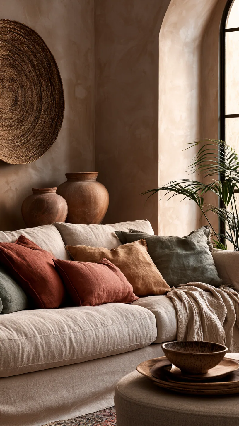 Southwestern-inspired beige couch living room with terracotta and woven textures, photo 3 of 4