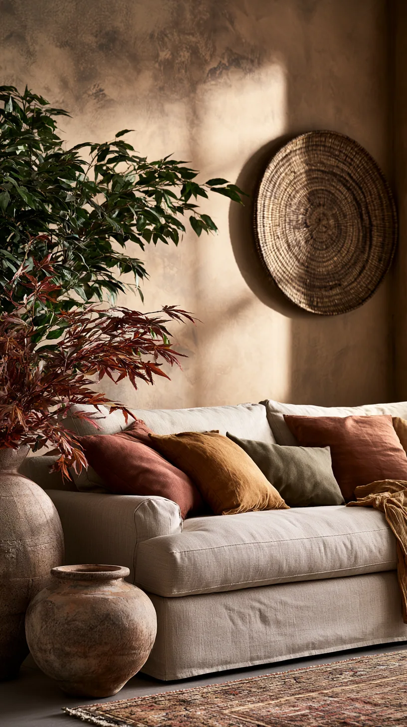 Southwestern-inspired beige couch living room with terracotta and woven textures, photo 4 of 4