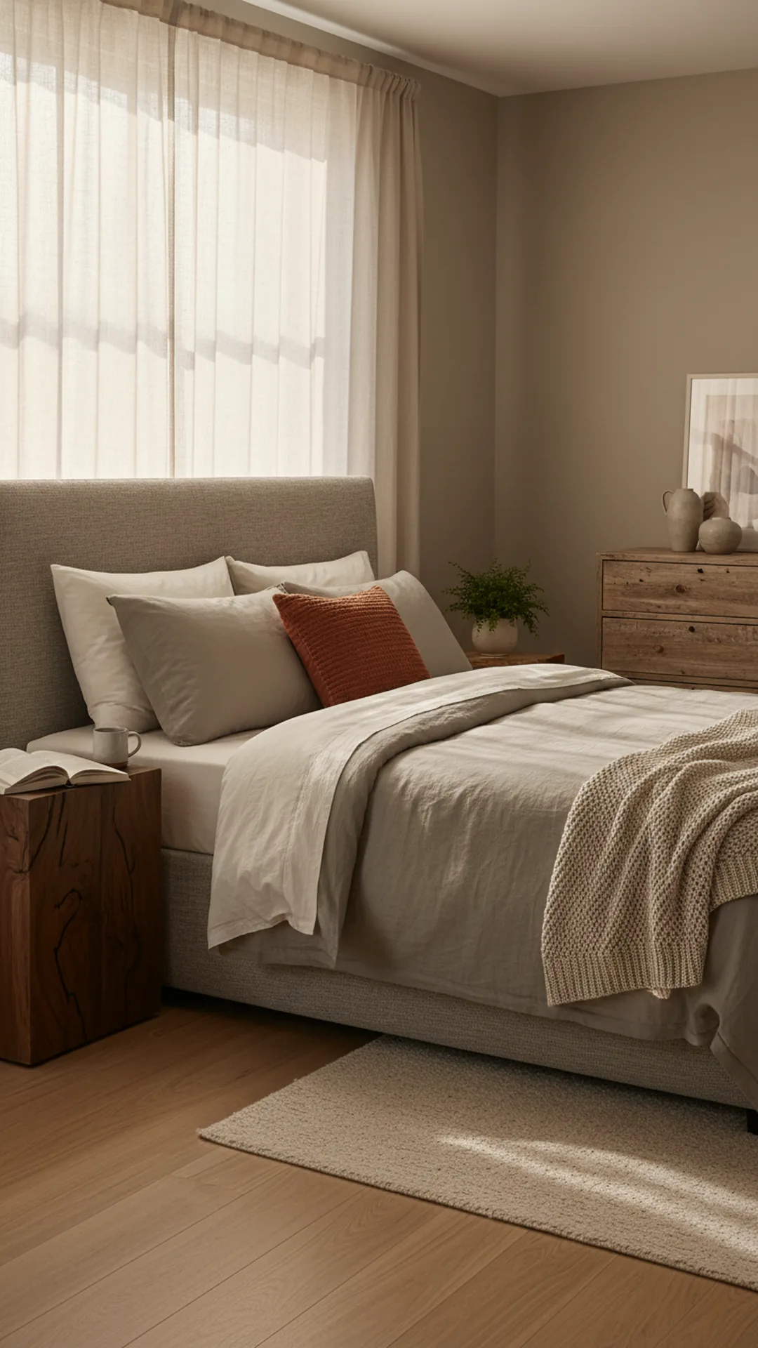 Calm cozy couples bedroom in a shared greige, cream and taupe palette with a rust accent pillow