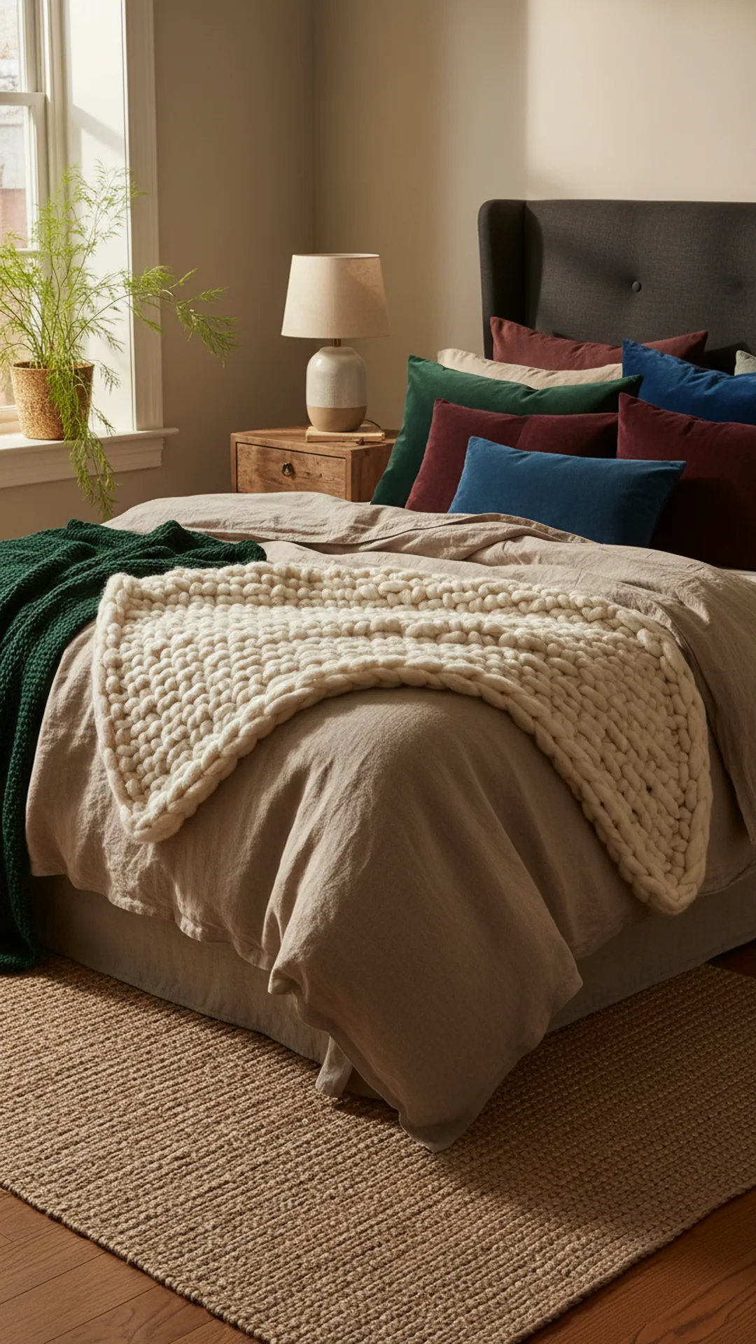 Layered bedding textures with oatmeal linen, chunky knit throw, and velvet pillows in a cozy bedroom