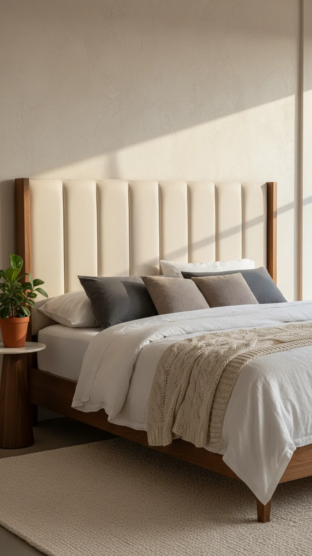 Upgraded bed with a channel-tufted ivory headboard and walnut frame as the focal point of a cozy bedroom