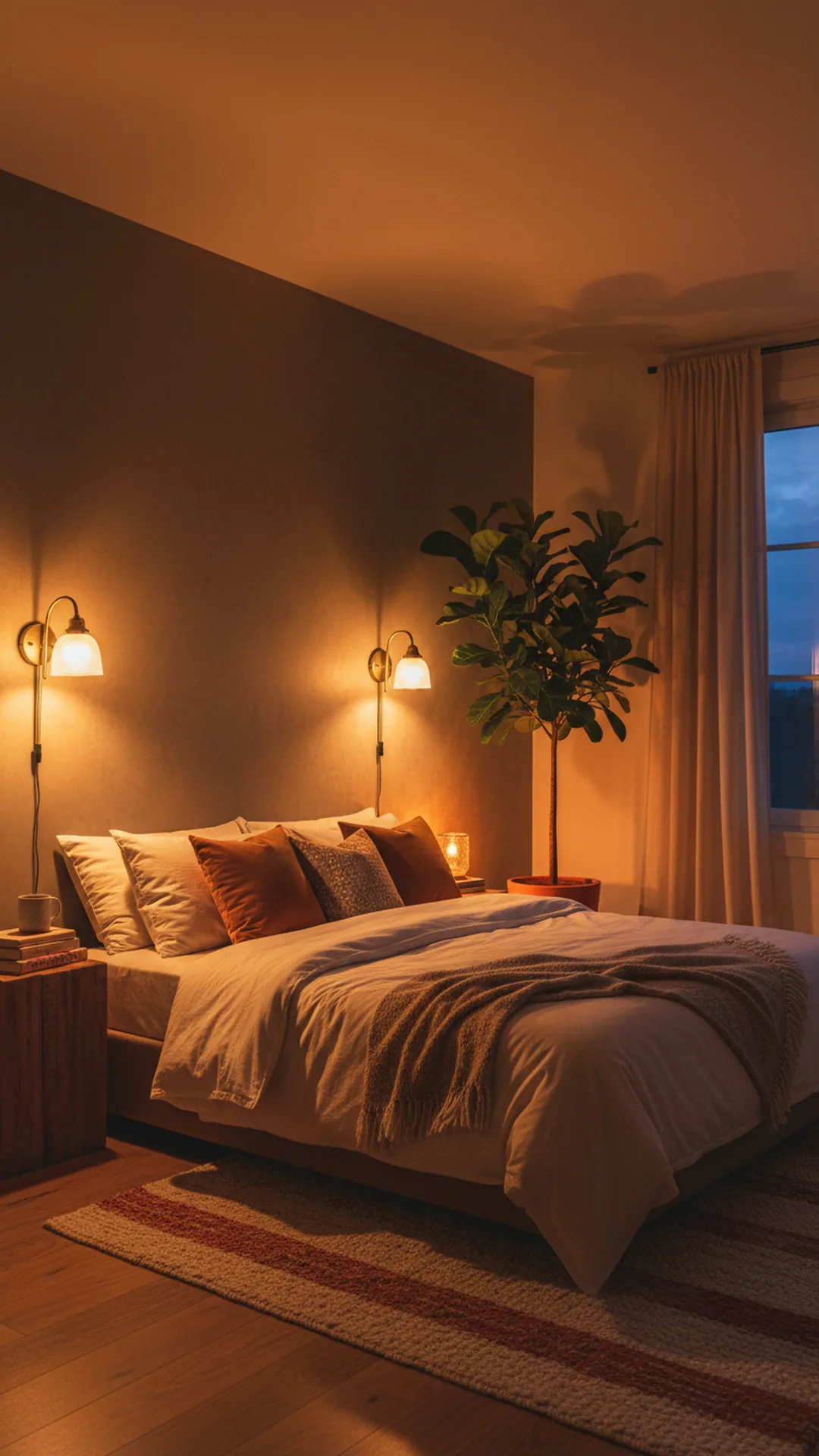 Layered warm lighting with bedside sconces and a soft accent uplight in a cozy bedroom
