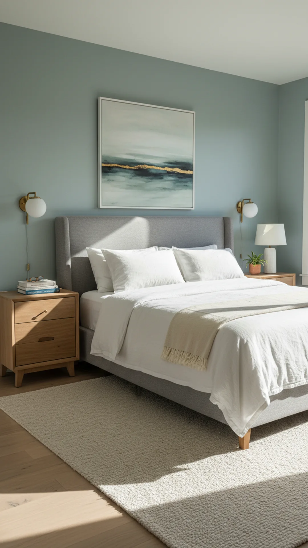 Balanced matching nightstands flanking a bed with matching sconces in a cozy bedroom