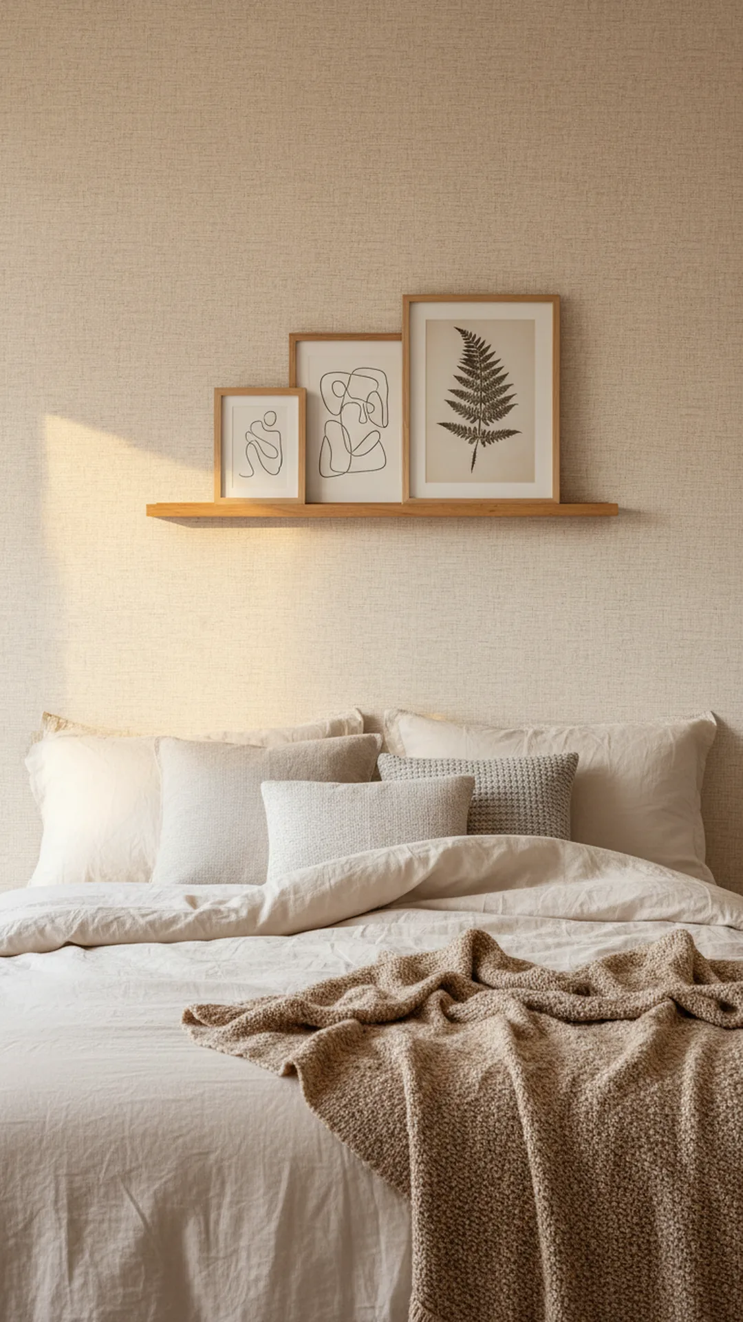 Grown-up feature wall with subtle grasscloth wallpaper and a picture ledge behind a cozy bed