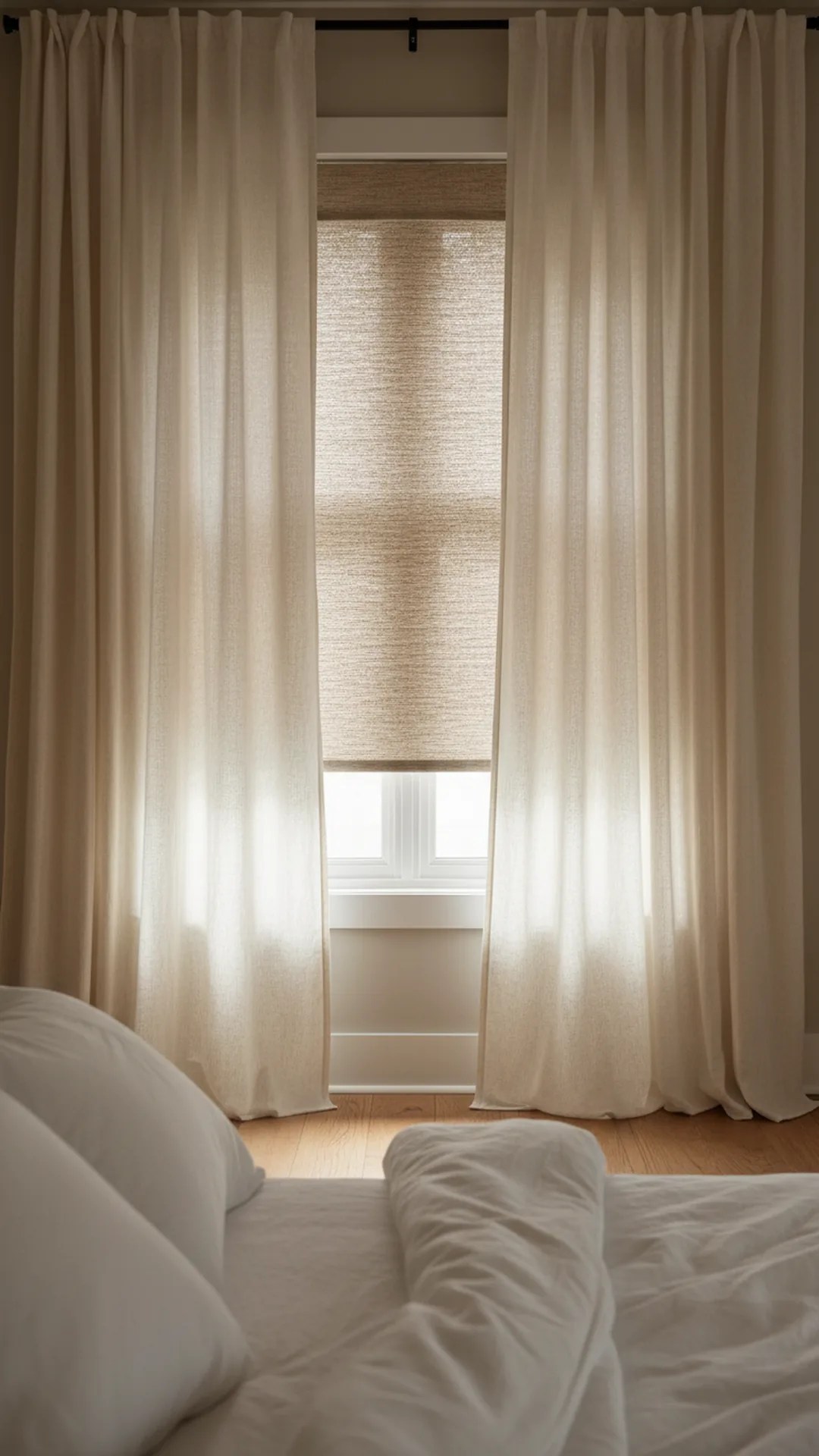 Cozy layered window treatments with a blackout shade and floor-length linen drapes in a bedroom
