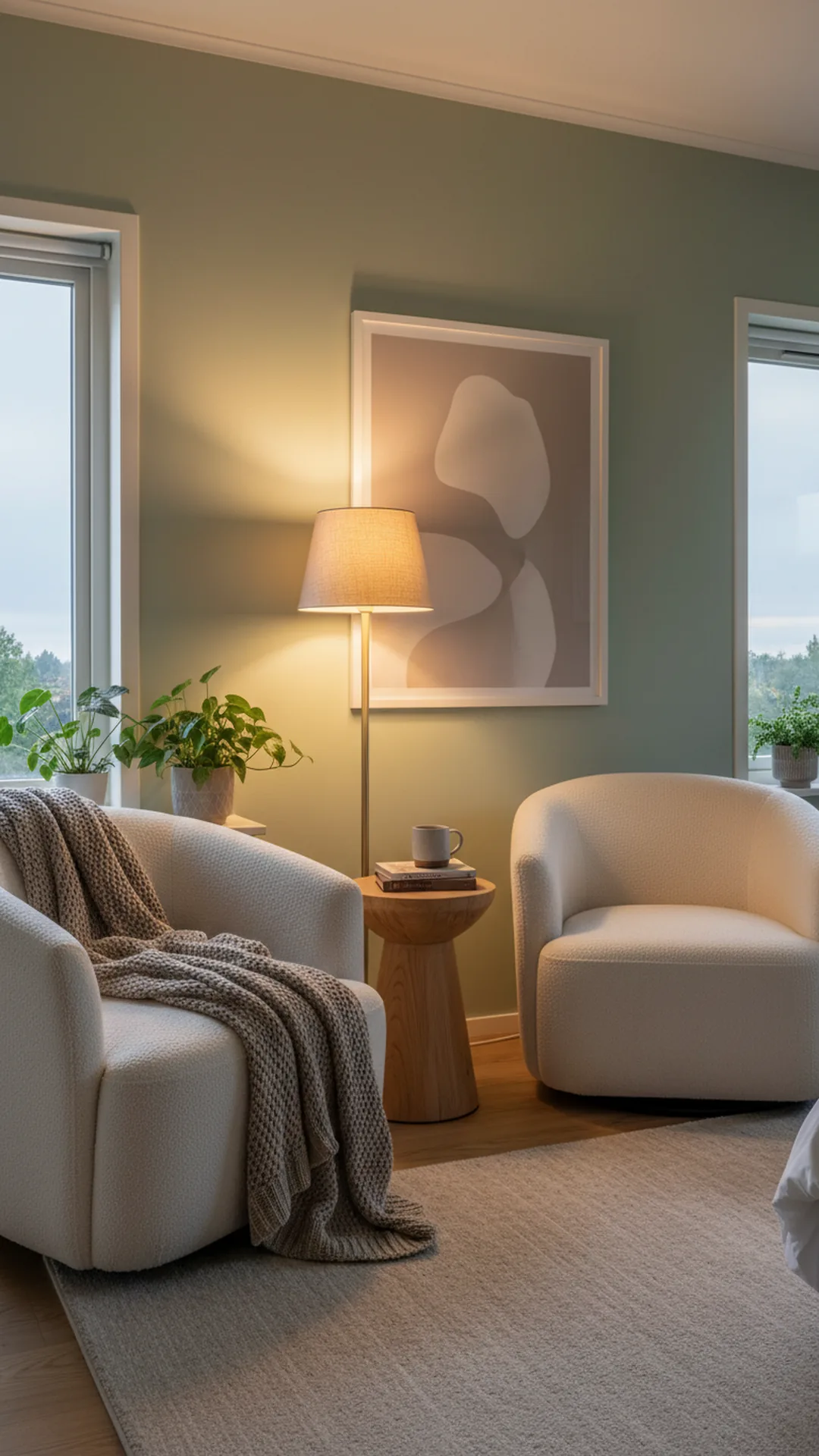 Lounge nook for two with soft boucle chairs and a small table casting a warm pool of light
